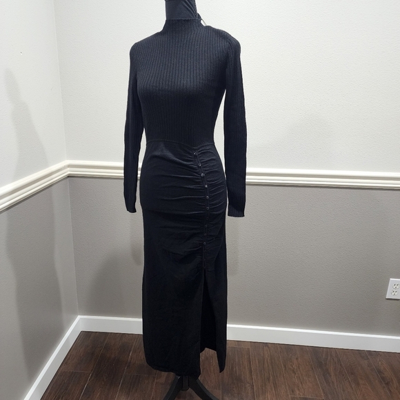 🔥 Sandro-Paris Ruched Wool Blend Midi Leg Slit Long Sleeve Sweater Dress - Picture 12 of 15